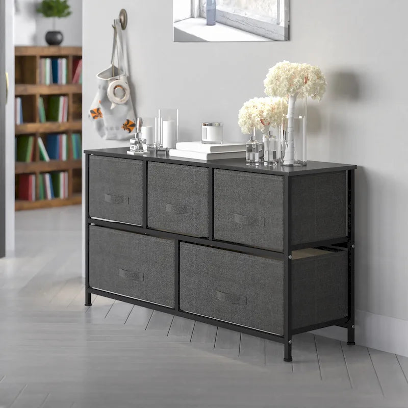 Commode de rangement à 5 tiroirs avec plateau en bois et tiroirs en tissu foncé