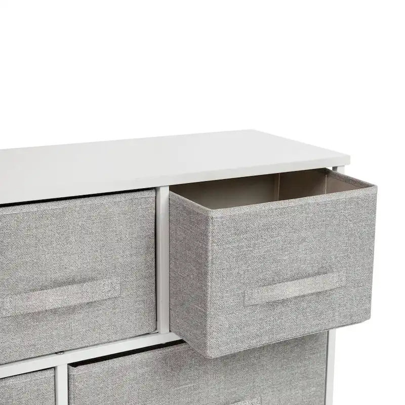 Commode de rangement à 5 tiroirs avec plateau en bois et tiroirs en tissu foncé