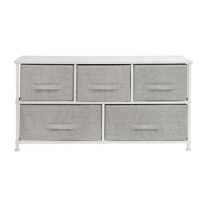 Commode de rangement à 5 tiroirs avec plateau en bois et tiroirs en tissu foncé