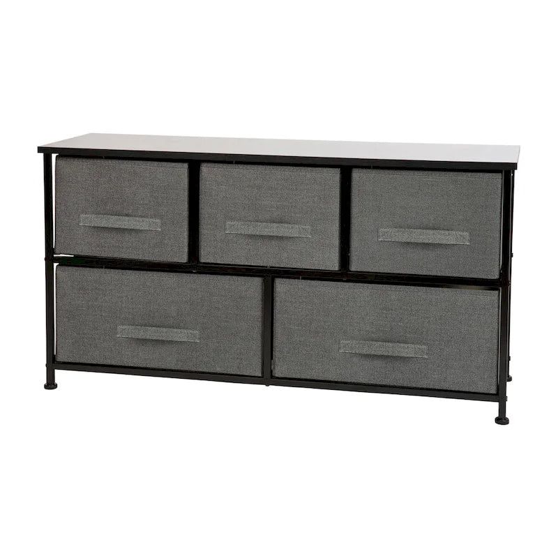 Commode de rangement à 5 tiroirs avec plateau en bois et tiroirs en tissu foncé