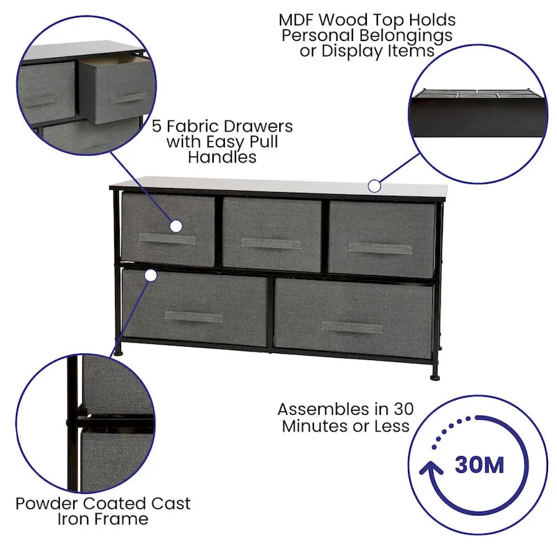 Commode de rangement à 5 tiroirs avec plateau en bois et tiroirs en tissu foncé