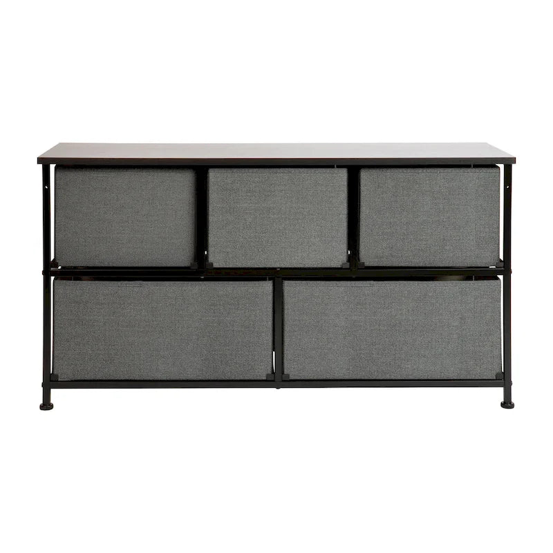 Commode de rangement à 5 tiroirs avec plateau en bois et tiroirs en tissu foncé