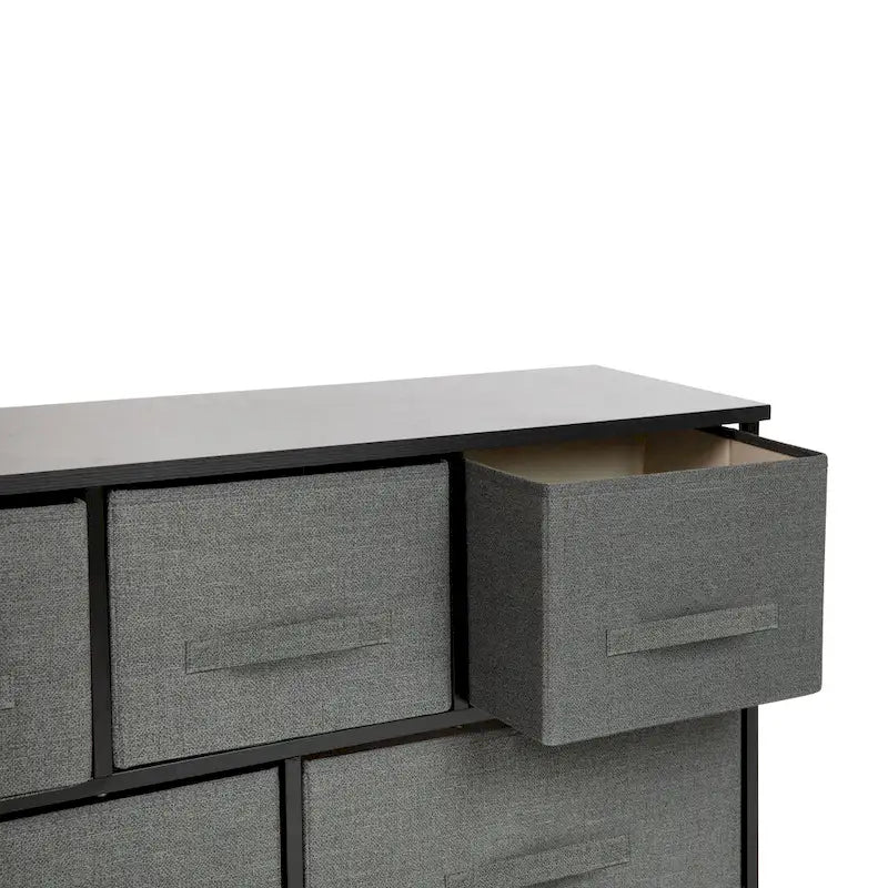 Commode de rangement à 5 tiroirs avec plateau en bois et tiroirs en tissu foncé
