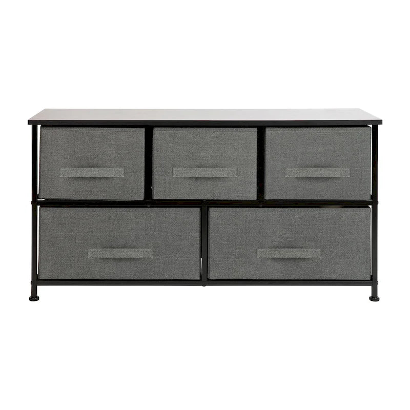 Commode de rangement à 5 tiroirs avec plateau en bois et tiroirs en tissu foncé