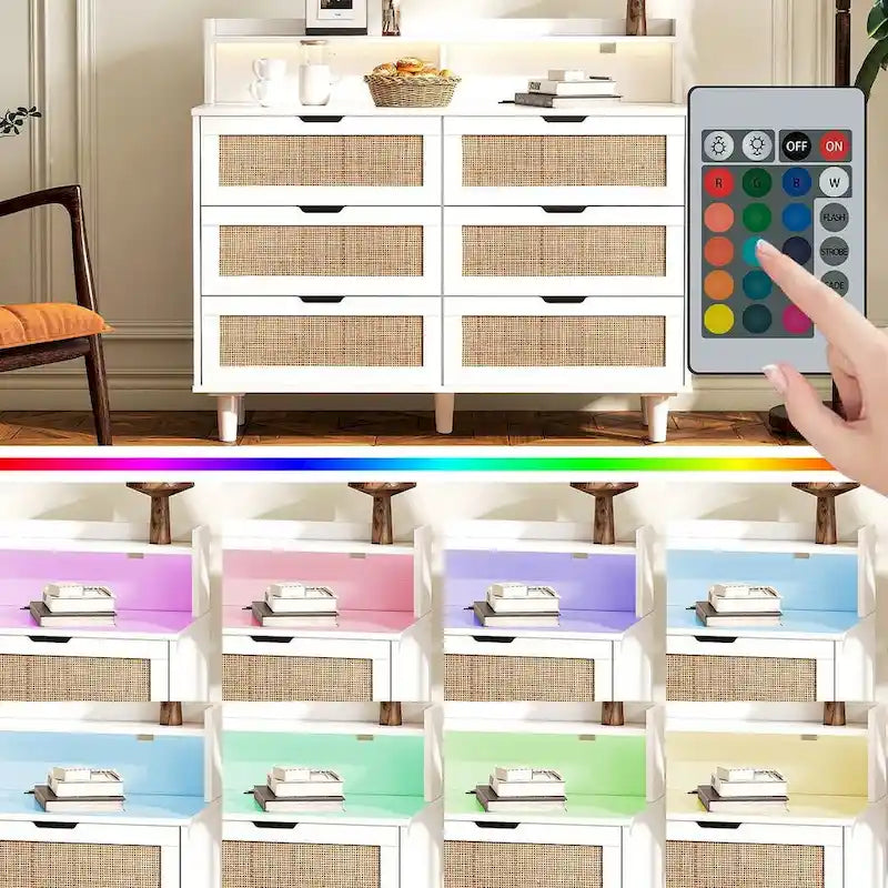 Commode 6 tiroirs de 43 pouces de large avec LED et prise de courant
