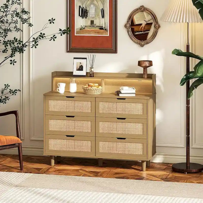 Commode 6 tiroirs de 43 pouces de large avec LED et prise de courant