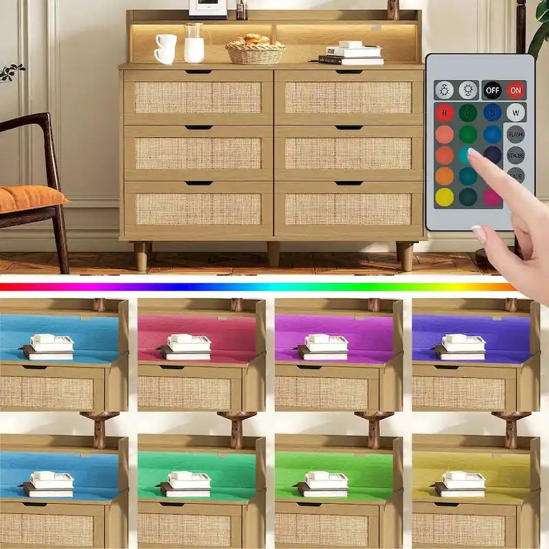 Commode 6 tiroirs de 43 pouces de large avec LED et prise de courant