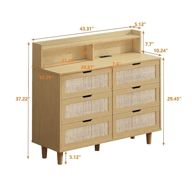 Commode 6 tiroirs de 43 pouces de large avec LED et prise de courant