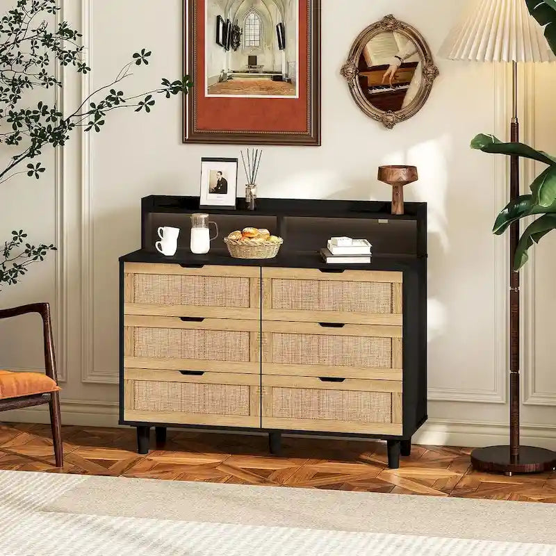 Commode 6 tiroirs de 43 pouces de large avec LED et prise de courant