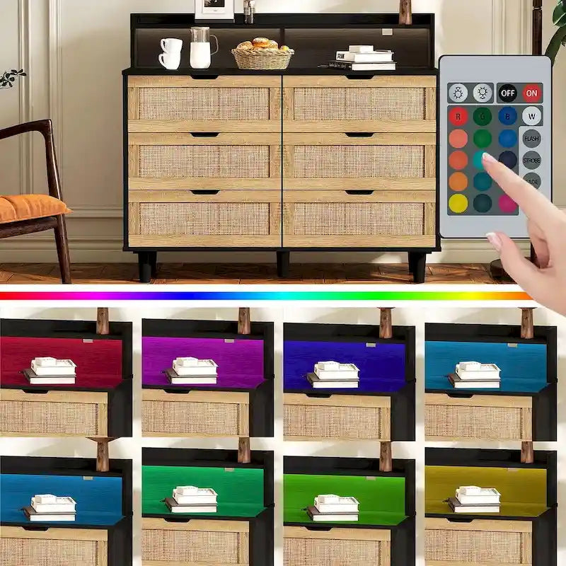 Commode 6 tiroirs de 43 pouces de large avec LED et prise de courant