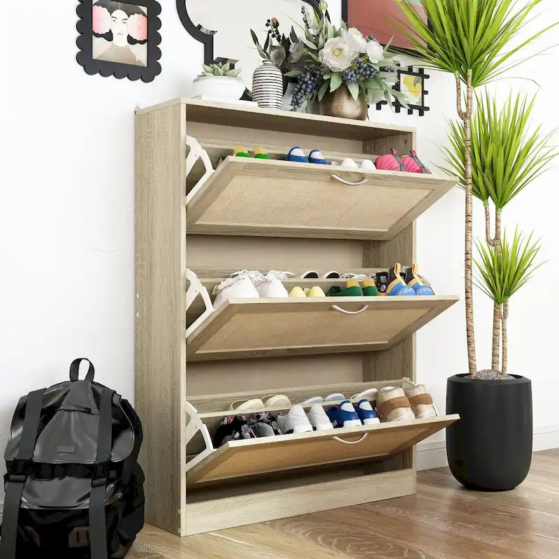 Shoe Cabinet, Shoe Rack Storage Organizer with 3 Flip Drawers Rattan