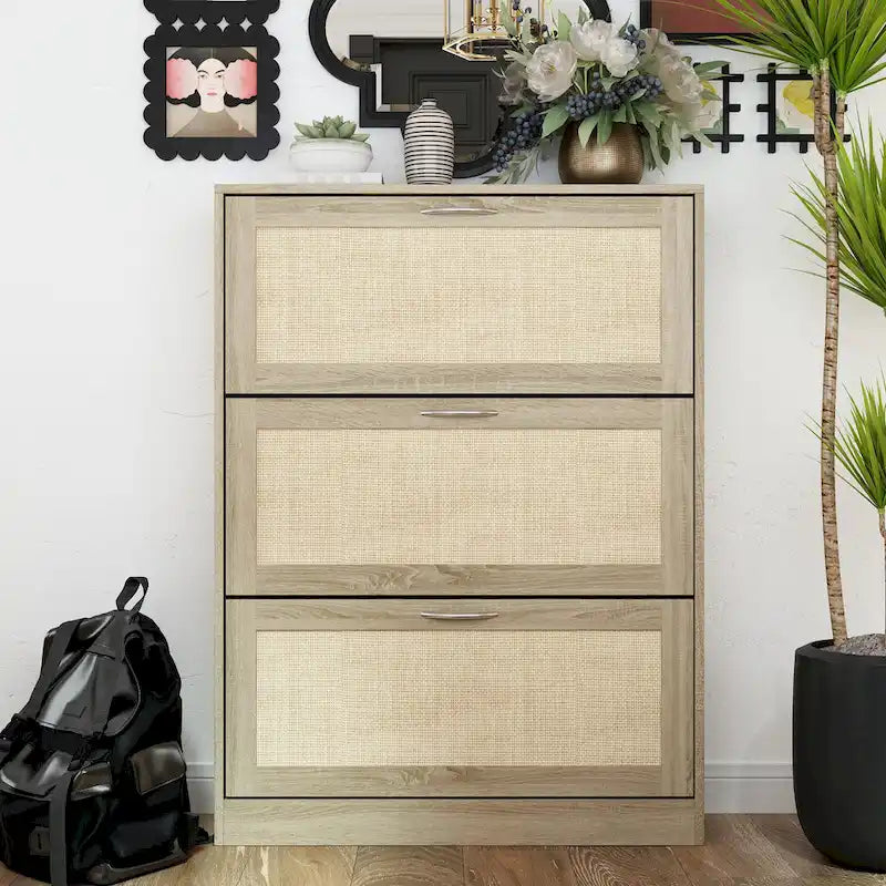 Meuble à chaussures, organiseur de rangement avec 3 tiroirs à abattant en rotin