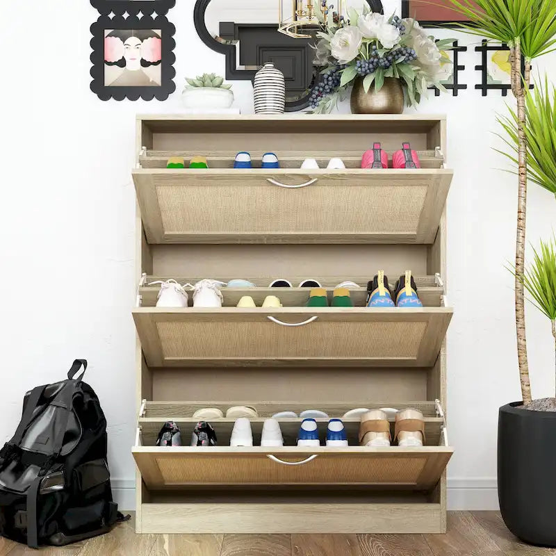 Meuble à chaussures, organiseur de rangement avec 3 tiroirs à abattant en rotin