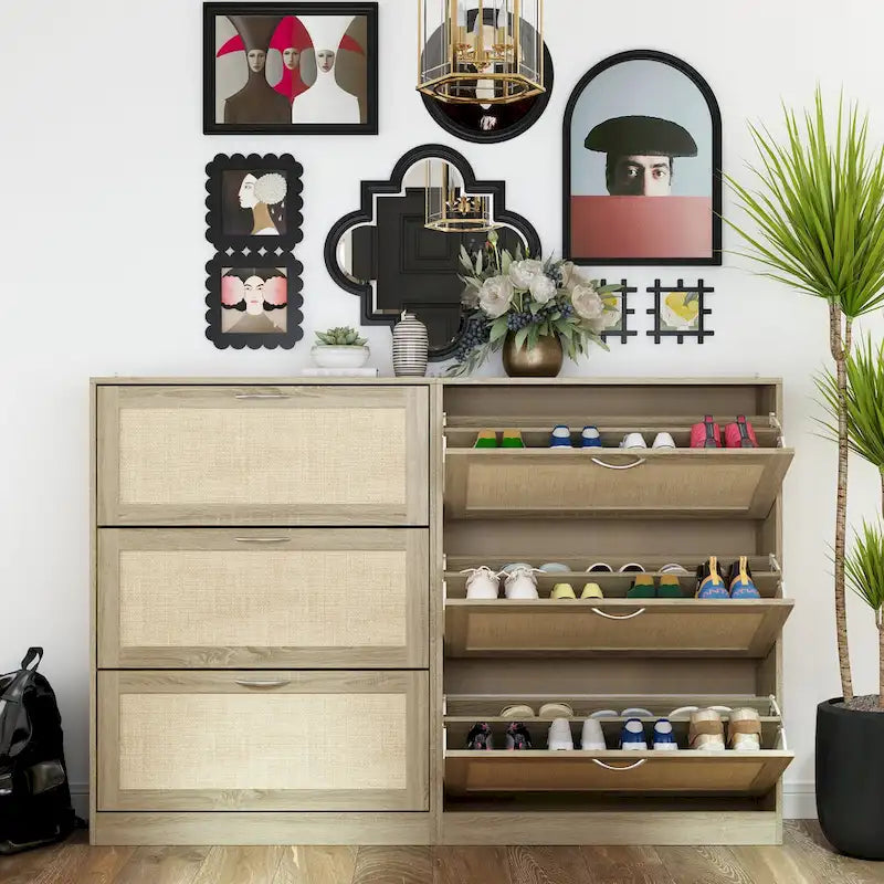 Meuble à chaussures, organiseur de rangement avec 3 tiroirs à abattant en rotin