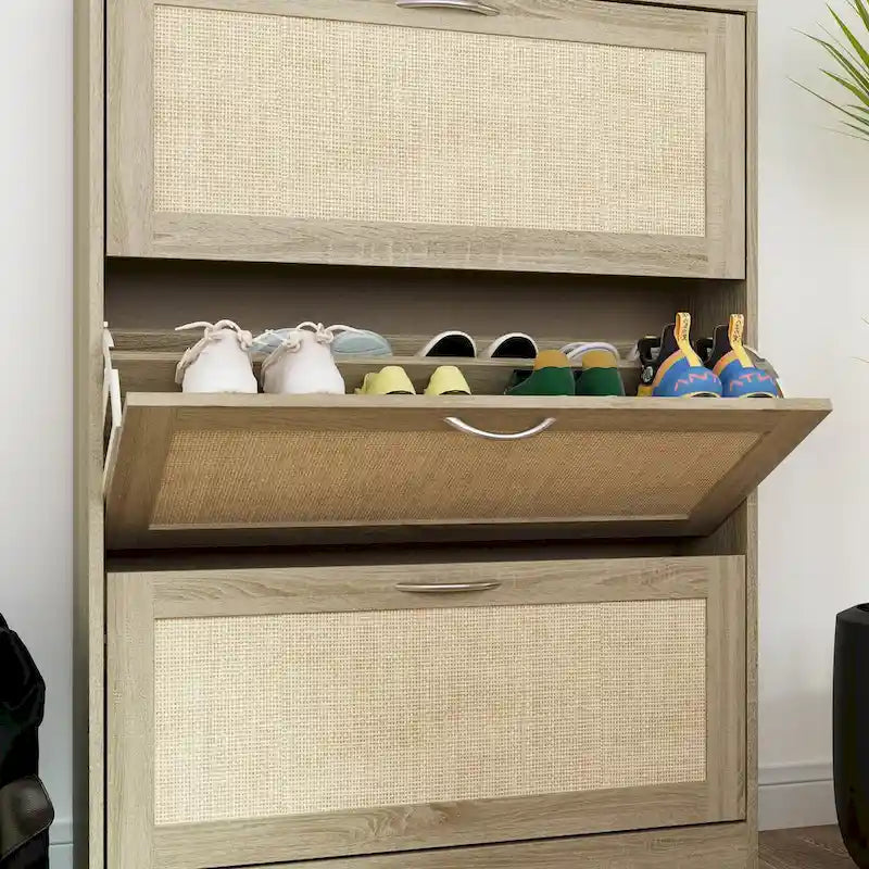 Meuble à chaussures, organiseur de rangement avec 3 tiroirs à abattant en rotin