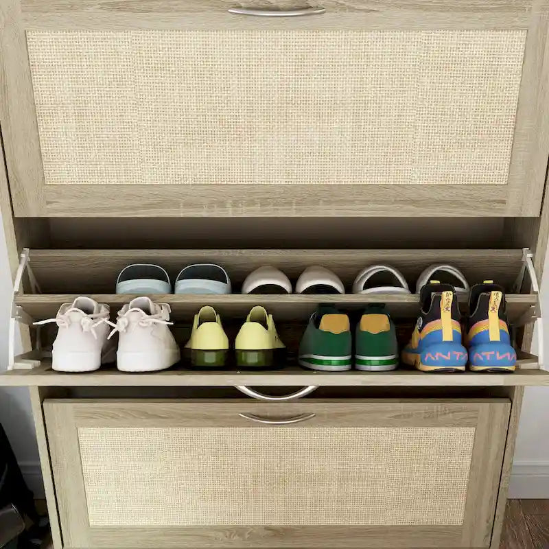 Meuble à chaussures, organiseur de rangement avec 3 tiroirs à abattant en rotin