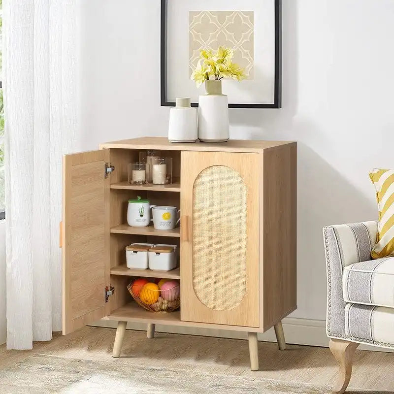 Meuble de Rangement à Chaussures en Rotin Moderne avec Double Portes et Étagères Réglables, Meuble d'Appoint pour Salon, Chambre, Couloir
