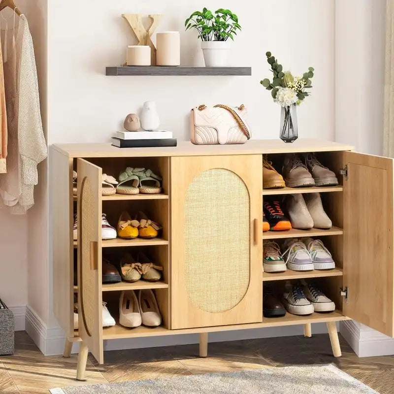 Meuble de Rangement à Chaussures en Rotin Moderne avec Double Portes et Étagères Réglables, Meuble d'Appoint pour Salon, Chambre, Couloir