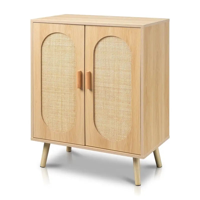 Meuble de Rangement à Chaussures en Rotin Moderne avec Double Portes et Étagères Réglables, Meuble d'Appoint pour Salon, Chambre, Couloir
