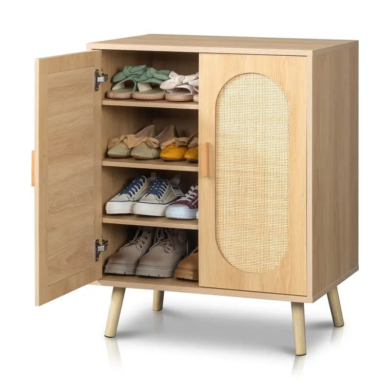 Meuble de Rangement à Chaussures en Rotin Moderne avec Double Portes et Étagères Réglables, Meuble d'Appoint pour Salon, Chambre, Couloir