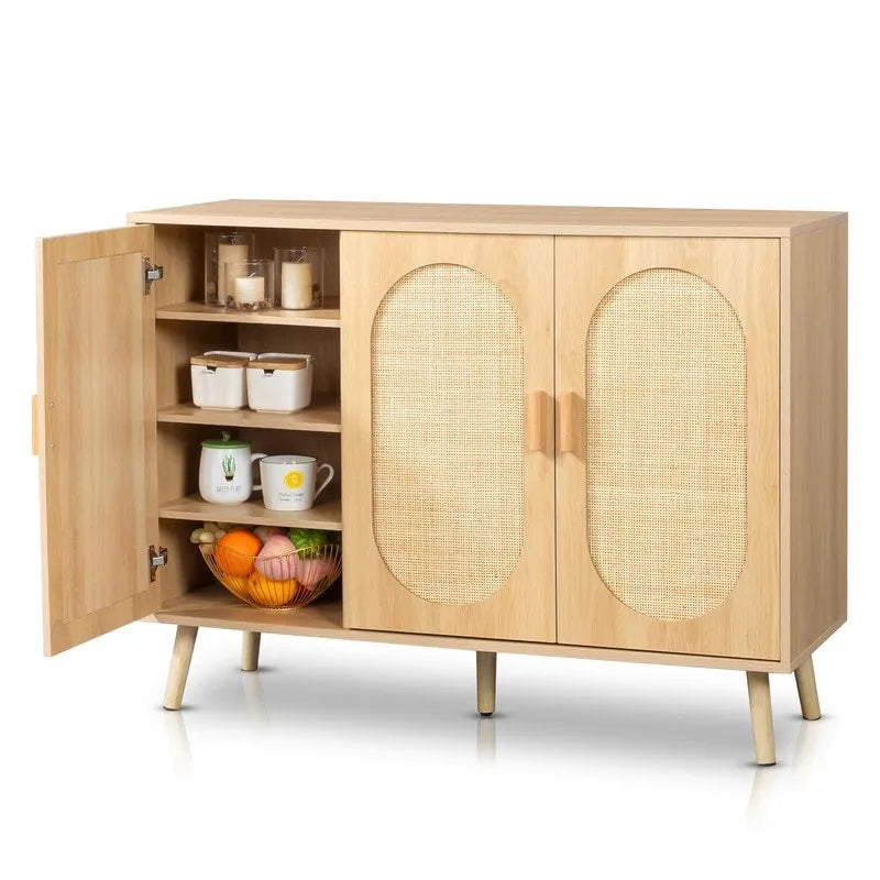 Meuble de Rangement à Chaussures en Rotin Moderne avec Double Portes et Étagères Réglables, Meuble d'Appoint pour Salon, Chambre, Couloir