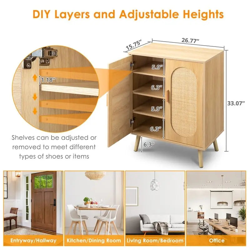 Meuble de Rangement à Chaussures en Rotin Moderne avec Double Portes et Étagères Réglables, Meuble d'Appoint pour Salon, Chambre, Couloir