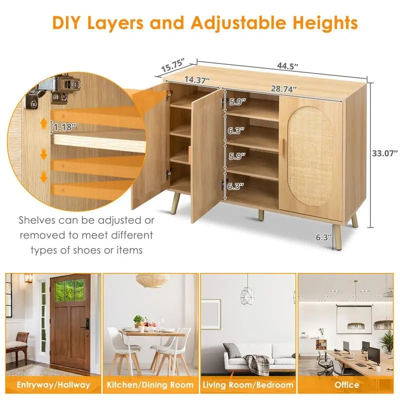 Meuble de Rangement à Chaussures en Rotin Moderne avec Double Portes et Étagères Réglables, Meuble d'Appoint pour Salon, Chambre, Couloir