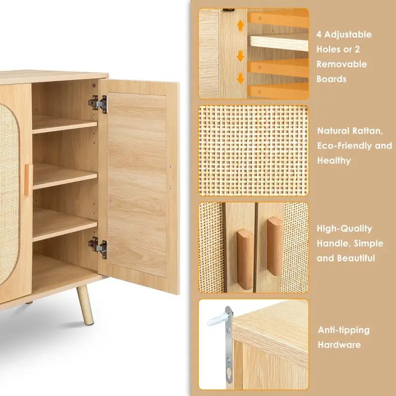 Meuble de Rangement à Chaussures en Rotin Moderne avec Double Portes et Étagères Réglables, Meuble d'Appoint pour Salon, Chambre, Couloir