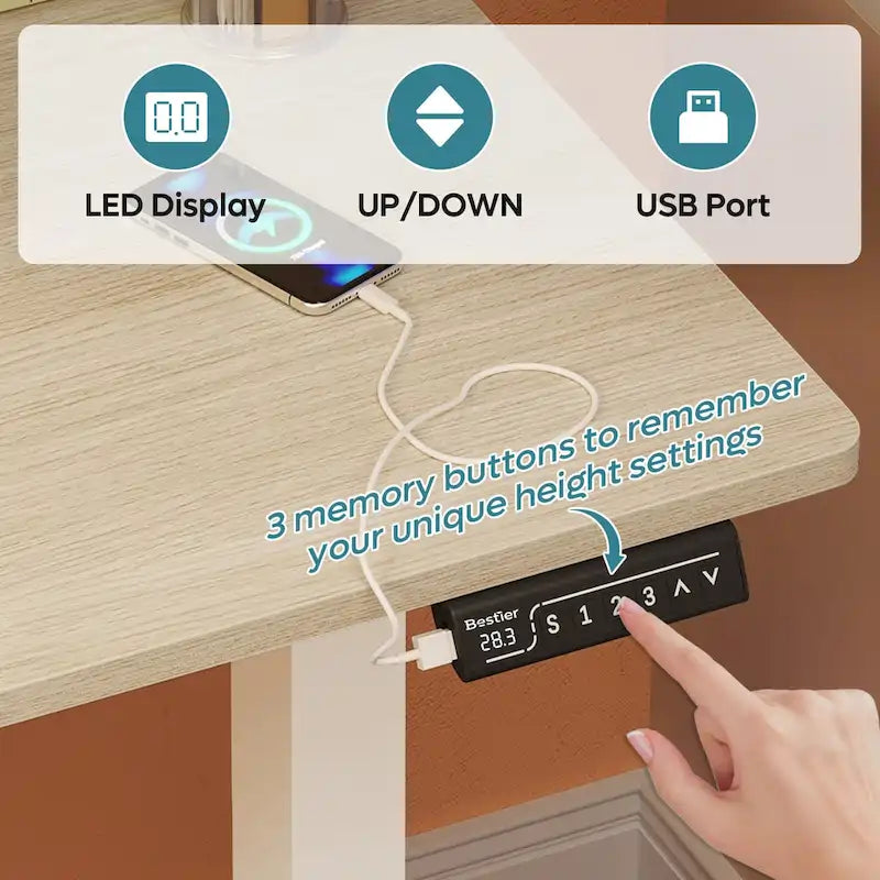 Bureau Debout Électrique Ergonomique, Bureau d'Ordinateur, Table Réglable en Hauteur avec Port USB