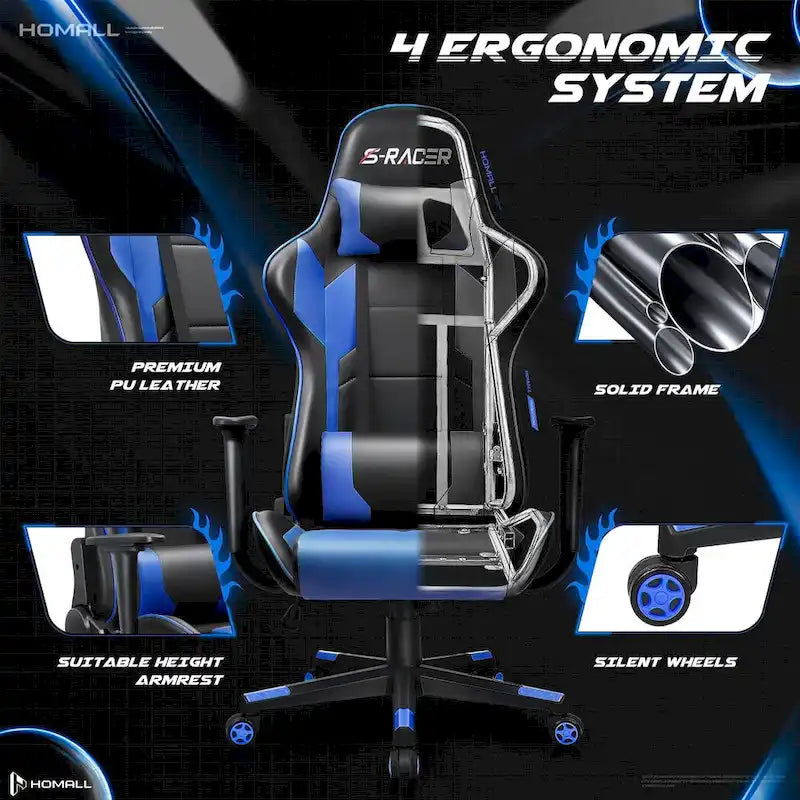 Chaise de bureau et de jeu ergonomique pivotante en similicuir réglable Homall