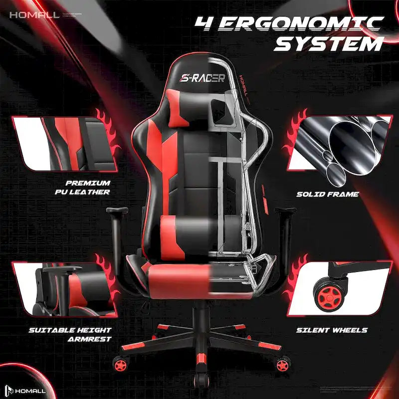 Chaise de bureau et de jeu ergonomique pivotante en similicuir réglable Homall