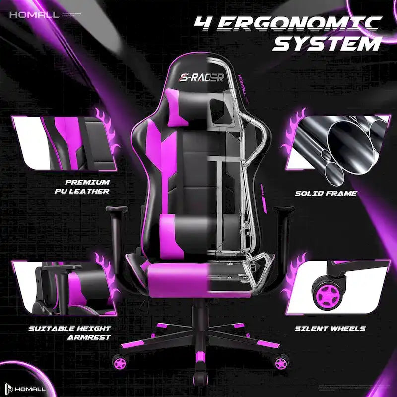 Chaise de bureau et de jeu ergonomique pivotante en similicuir réglable Homall