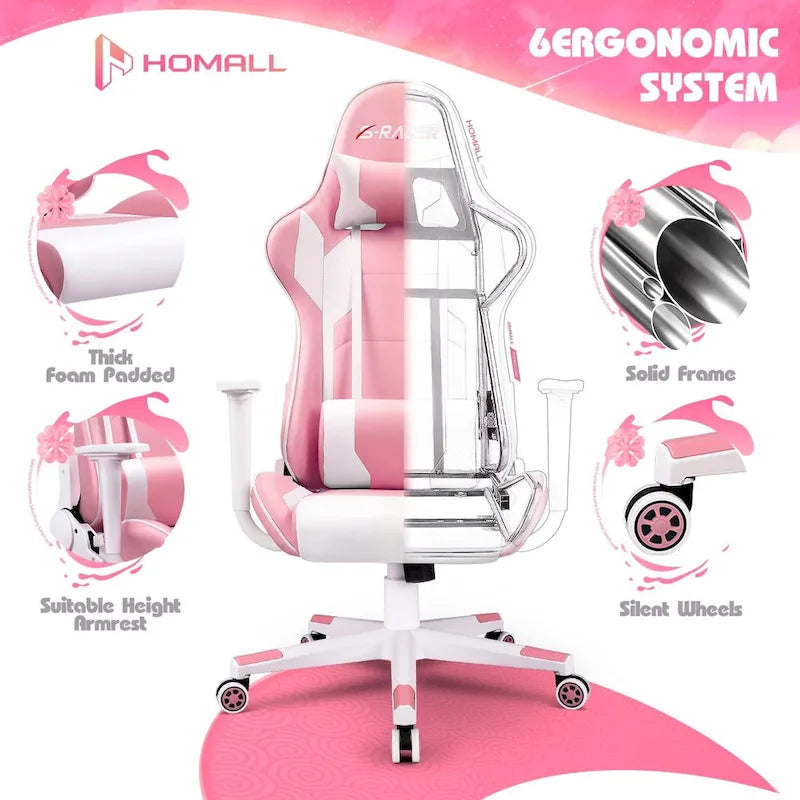 Chaise de bureau et de jeu ergonomique pivotante en similicuir réglable Homall