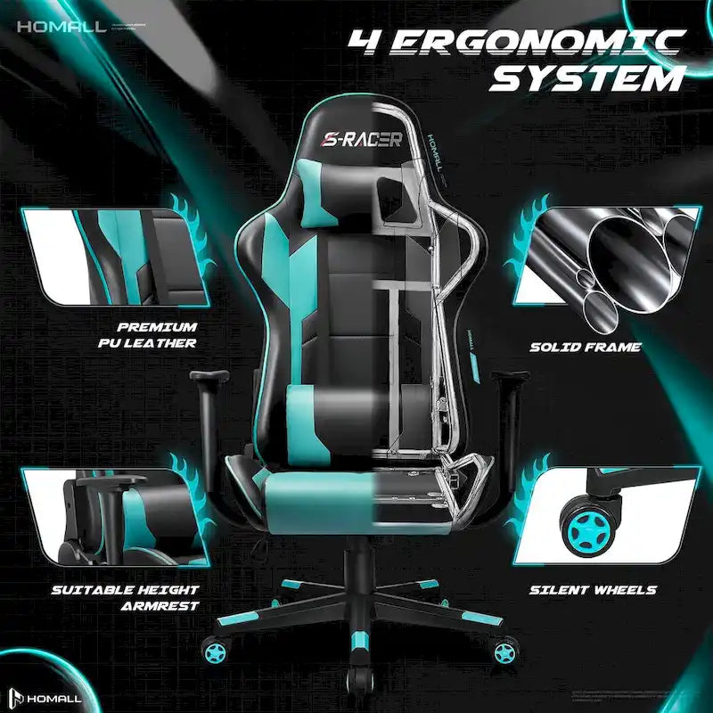 Chaise de bureau et de jeu ergonomique pivotante en similicuir réglable Homall