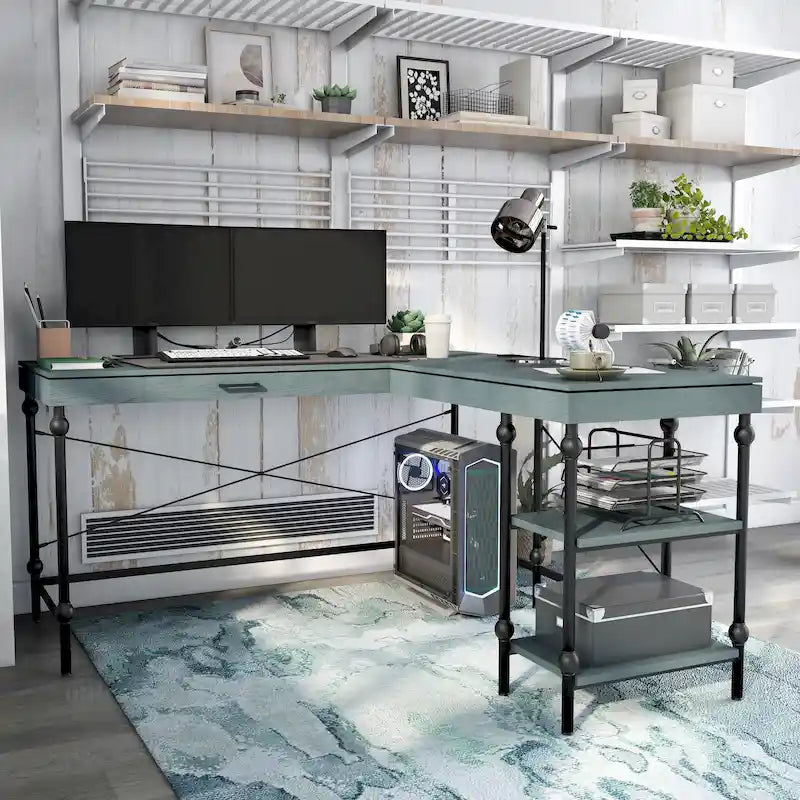 Bureau d'ordinateur d'angle en métal de 59 pouces Haley Farmhouse avec ports USB par Furniture of America