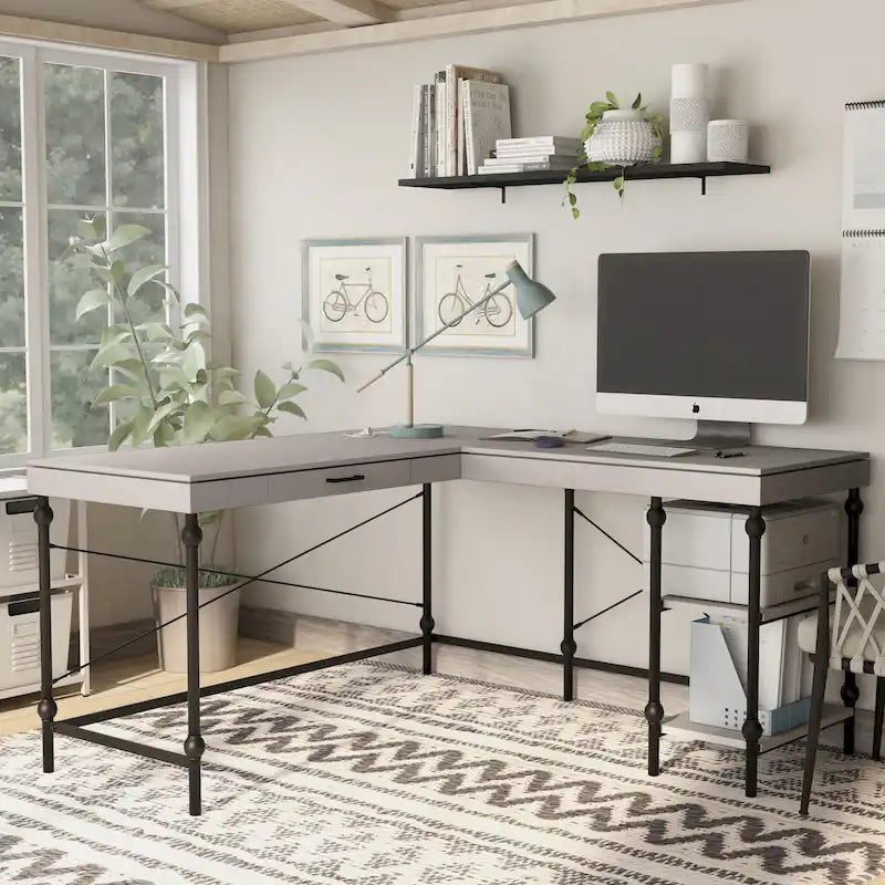 Bureau d'ordinateur d'angle en métal de 59 pouces Haley Farmhouse avec ports USB par Furniture of America