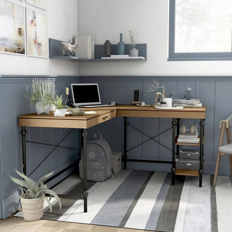 Bureau d'ordinateur d'angle en métal de 59 pouces Haley Farmhouse avec ports USB par Furniture of America