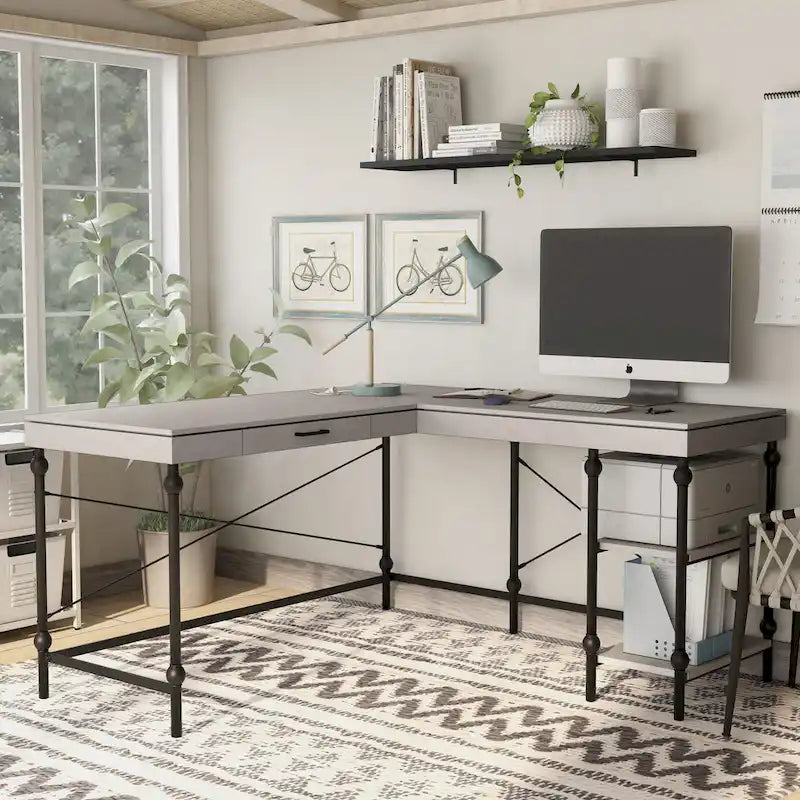 Bureau d'ordinateur d'angle en métal de 59 pouces Haley Farmhouse avec ports USB par Furniture of America