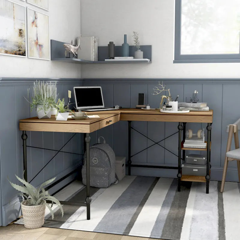 Bureau d'ordinateur d'angle en métal de 59 pouces Haley Farmhouse avec ports USB par Furniture of America