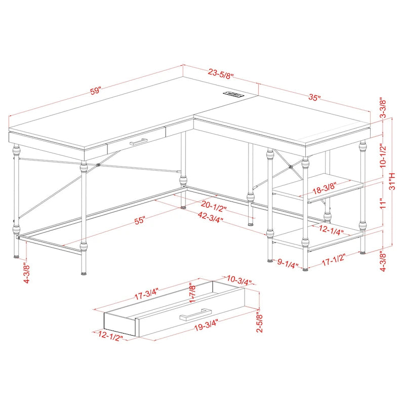 Bureau d'ordinateur d'angle en métal de 59 pouces Haley Farmhouse avec ports USB par Furniture of America