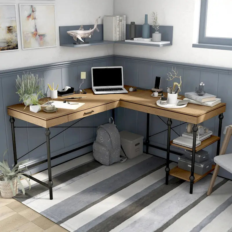 Bureau d'ordinateur d'angle en métal de 59 pouces Haley Farmhouse avec ports USB par Furniture of America