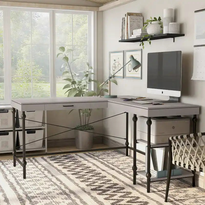 Bureau d'ordinateur d'angle en métal de 59 pouces Haley Farmhouse avec ports USB par Furniture of America