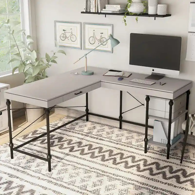 Bureau d'ordinateur d'angle en métal de 59 pouces Haley Farmhouse avec ports USB par Furniture of America
