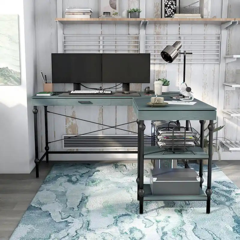 Bureau d'ordinateur d'angle en métal de 59 pouces Haley Farmhouse avec ports USB par Furniture of America