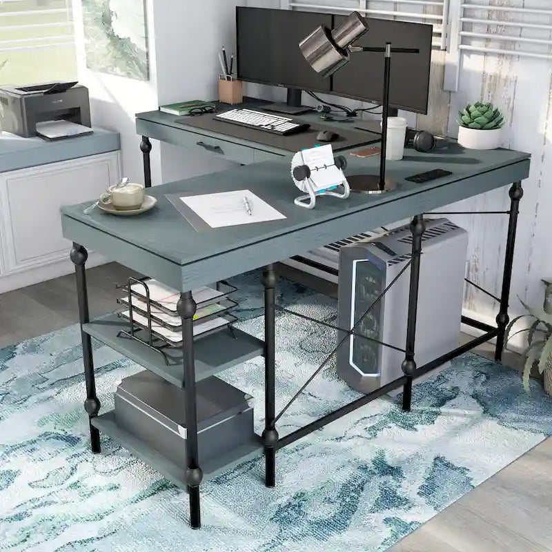 Bureau d'ordinateur d'angle en métal de 59 pouces Haley Farmhouse avec ports USB par Furniture of America