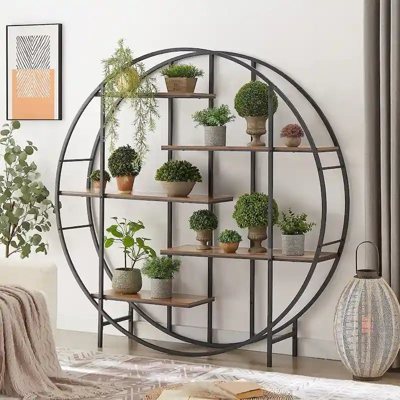 Étagère de présentation vintage ronde à 5 niveaux avec cadre en métal noir