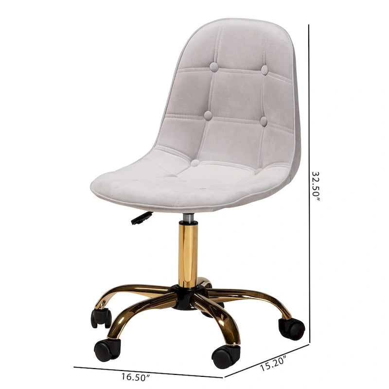 Chaise de bureau pivotante Kabira Contemporary Glam and Luxe en velours et métal doré