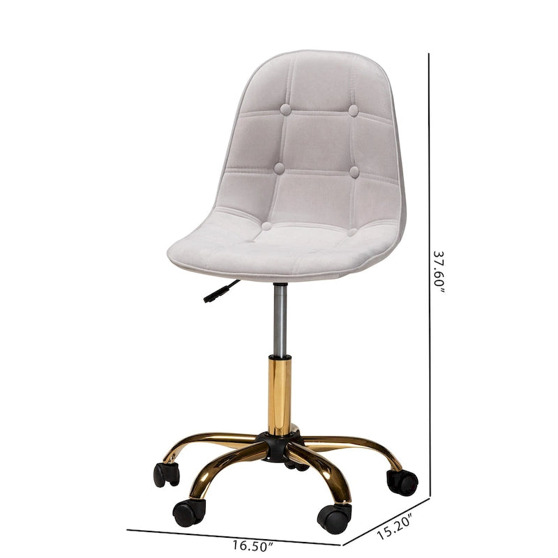 Chaise de bureau pivotante Kabira Contemporary Glam and Luxe en velours et métal doré