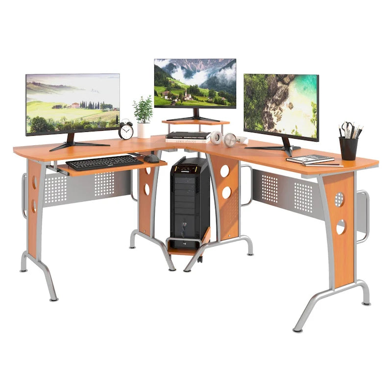 Bureau d'angle en L HOMCOM avec étagère surélevée, tablette coulissante pour clavier et support UC pratique