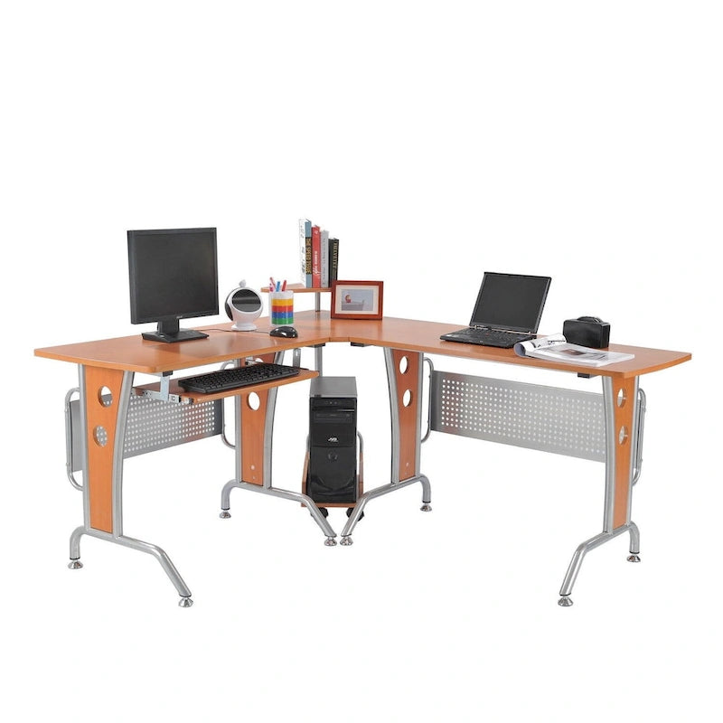 Bureau d'angle en L HOMCOM avec étagère surélevée, tablette coulissante pour clavier et support UC pratique